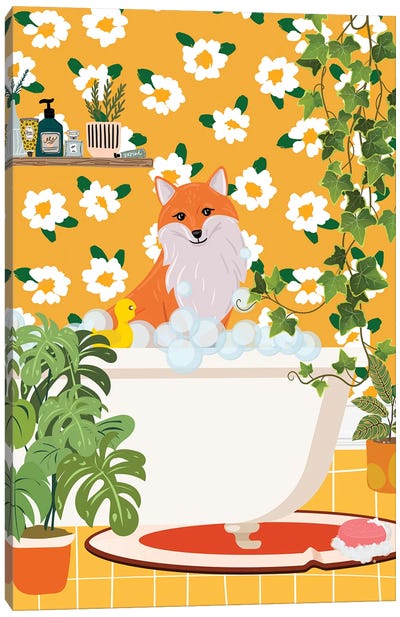 Fox In Bathtub - My Botanical Bathroom Canvas Art Print - Jania Sharipzhanova