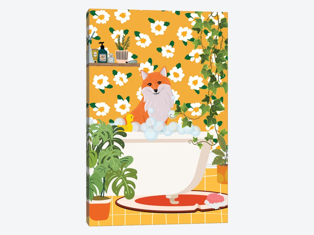 Fox In Bathtub - My Botanical Bathroom by Jania Sharipzhanova 1-piece Canvas Art