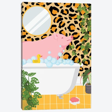 Pig In Bathtub - Leopard Bathroom Canvas Print #SHZ674} by Jania Sharipzhanova Canvas Wall Art