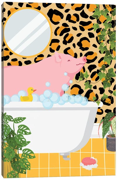 Pig In Bathtub - Leopard Bathroom Canvas Art Print - Animal Patterns