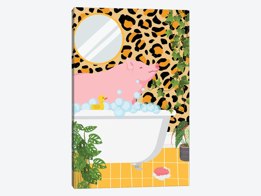 Pig In Bathtub - Leopard Bathroom by Jania Sharipzhanova 1-piece Canvas Print