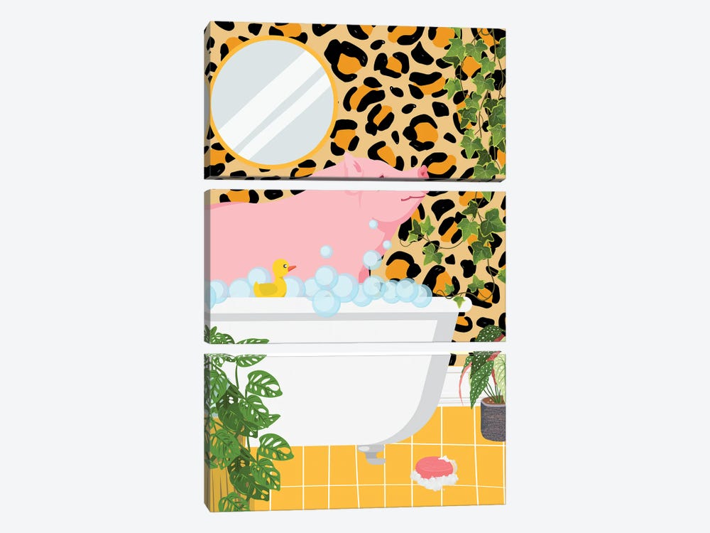 Pig In Bathtub - Leopard Bathroom by Jania Sharipzhanova 3-piece Canvas Art Print