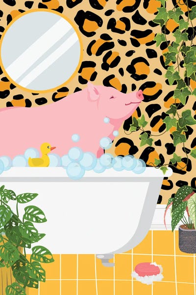 Jania Sharipzhanova: Pig In Bathtub - Leopard Bathroom by Jania Sharipzhanova