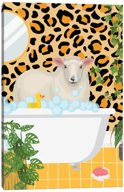 Sheep In Bathtub - Leopard Bathroom Canvas Art Print - Animal Patterns