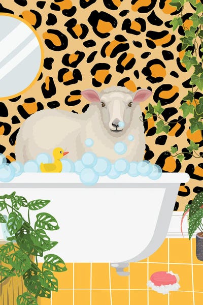 Animal Patterns: Sheep In Bathtub - Leopard Bathroom by Jania Sharipzhanova