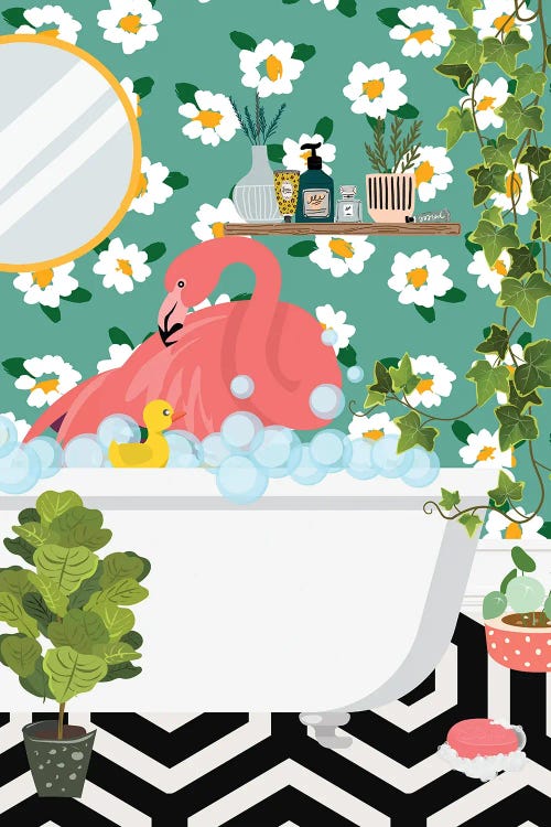 Flamingo Taking A Bath In My Jungle Bathroom