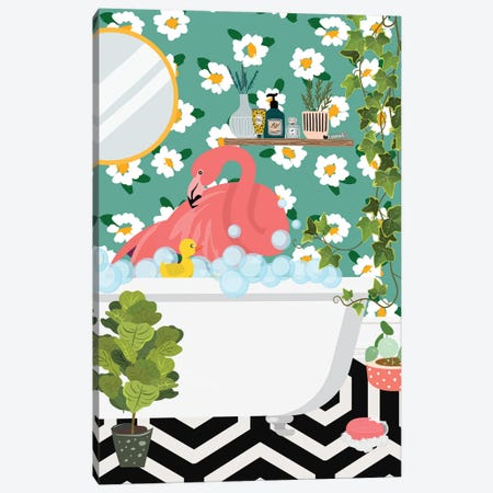 Flamingo Taking A Bath In My Jungle Bathroom Canvas Print #SHZ676} by Jania Sharipzhanova Canvas Wall Art