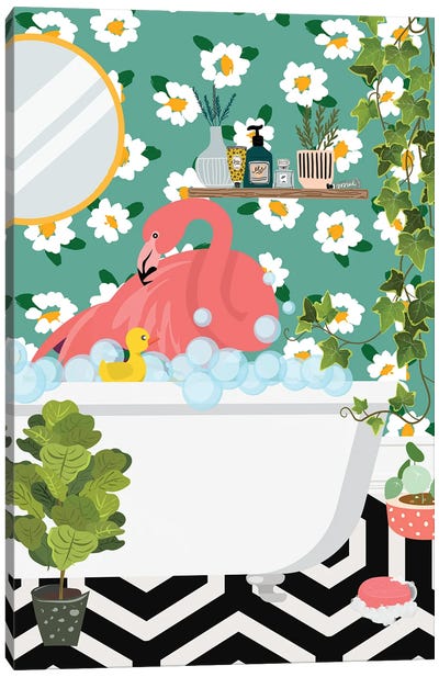 Flamingo Taking A Bath In My Jungle Bathroom Canvas Art Print - Jania Sharipzhanova