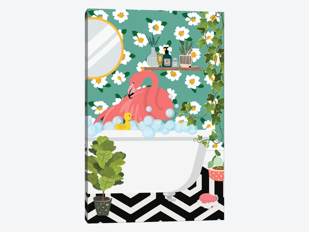Flamingo Taking A Bath In My Jungle Bathroom by Jania Sharipzhanova 1-piece Canvas Print
