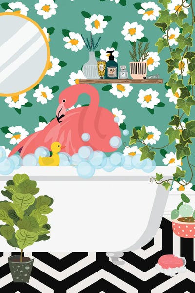 Ivies: Flamingo Taking A Bath In My Jungle Bathroom by Jania Sharipzhanova