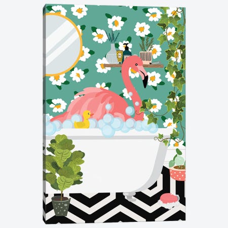 Flamingo In My Bathtub - Tropical Bathroom Canvas Print #SHZ678} by Jania Sharipzhanova Canvas Print