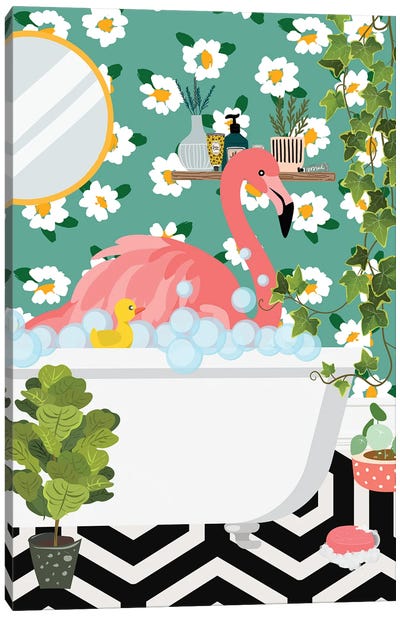 Flamingo In My Bathtub - Tropical Bathroom Canvas Art Print - Jania Sharipzhanova