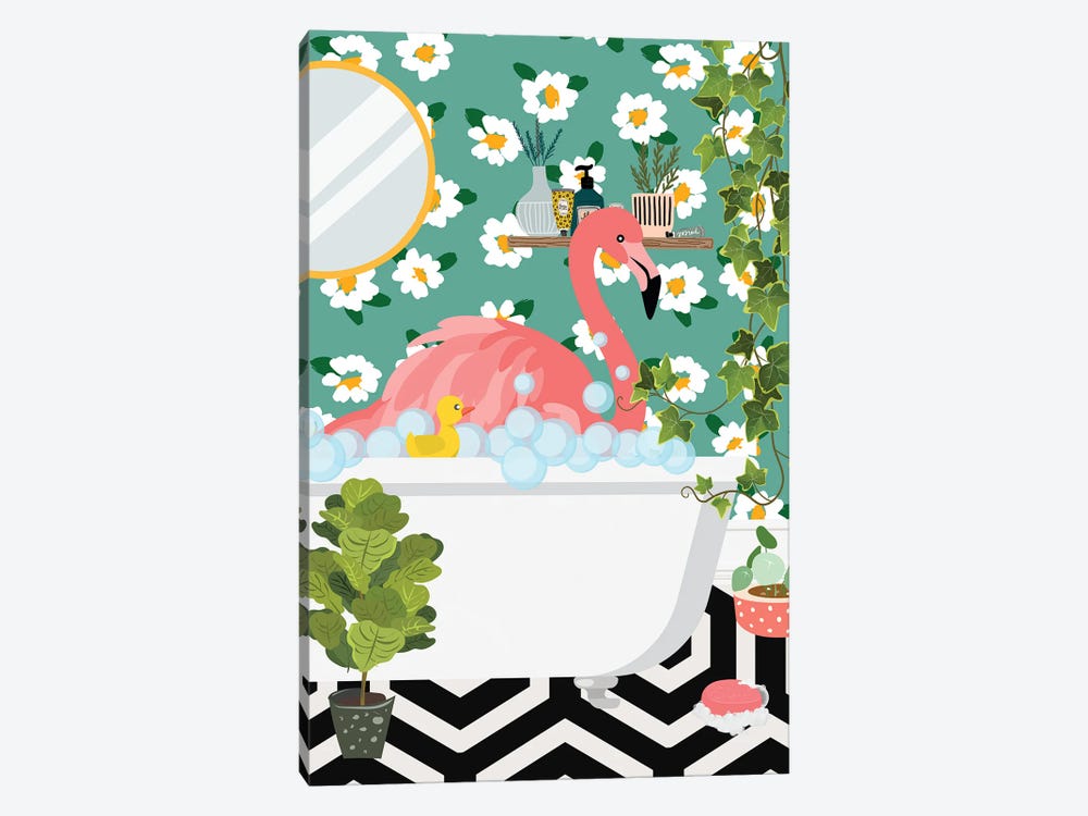 Flamingo In My Bathtub - Tropical Bathroom by Jania Sharipzhanova 1-piece Art Print