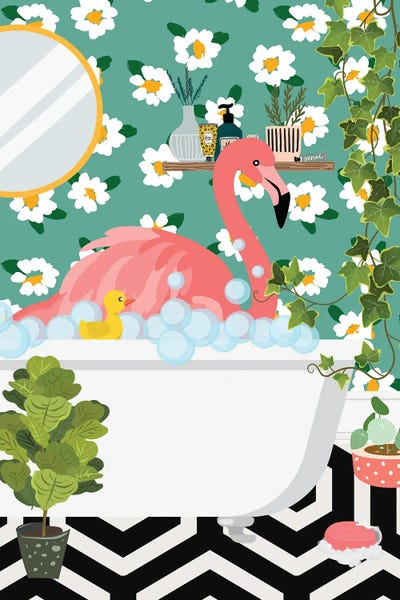 Jania Sharipzhanova: Flamingo In My Bathtub - Tropical Bathroom by Jania Sharipzhanova