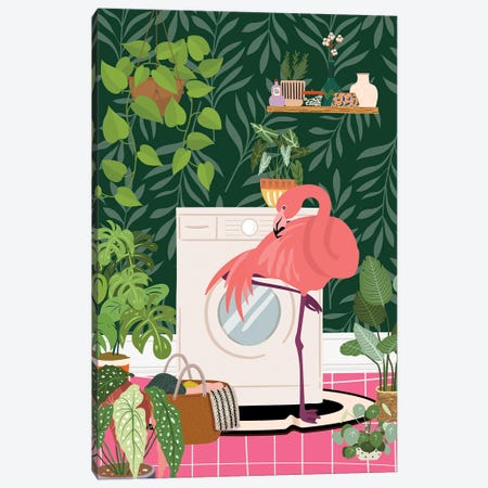 Flamingo In Botanical Laundry Room Canvas Print #SHZ679} by Jania Sharipzhanova Canvas Art Print