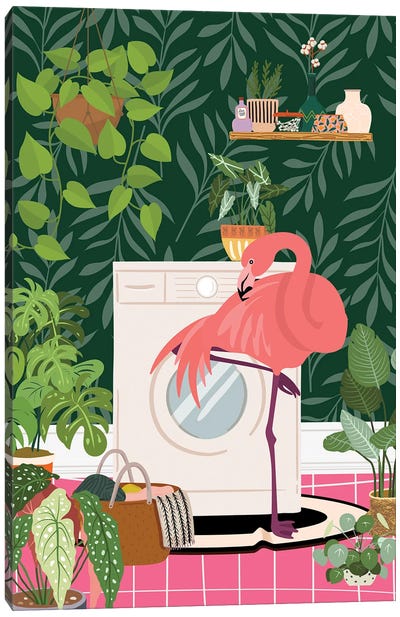 Flamingo In Botanical Laundry Room Canvas Art Print - Jania Sharipzhanova