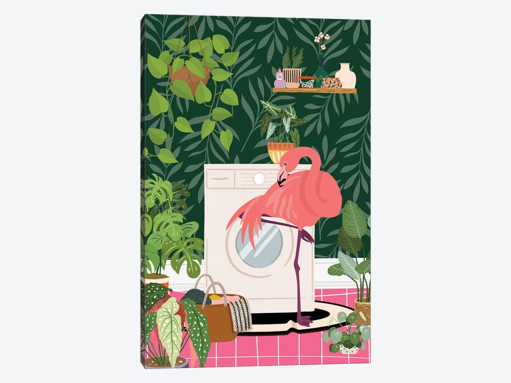Flamingo In Botanical Laundry Room by Jania Sharipzhanova 1-piece Canvas Wall Art