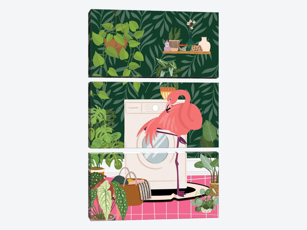 Flamingo In Botanical Laundry Room by Jania Sharipzhanova 3-piece Canvas Art
