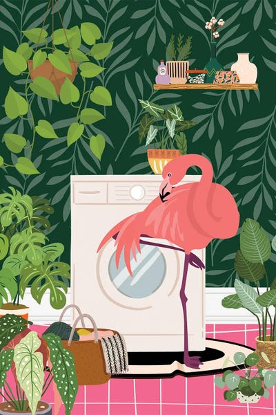 Jania Sharipzhanova: Flamingo In Botanical Laundry Room by Jania Sharipzhanova