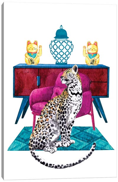 Cheetah In Maximalist Decor Canvas Art Print - Charming Blue