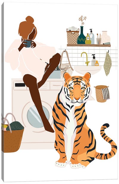Tiger In Laundry Room Canvas Art Print - Jania Sharipzhanova