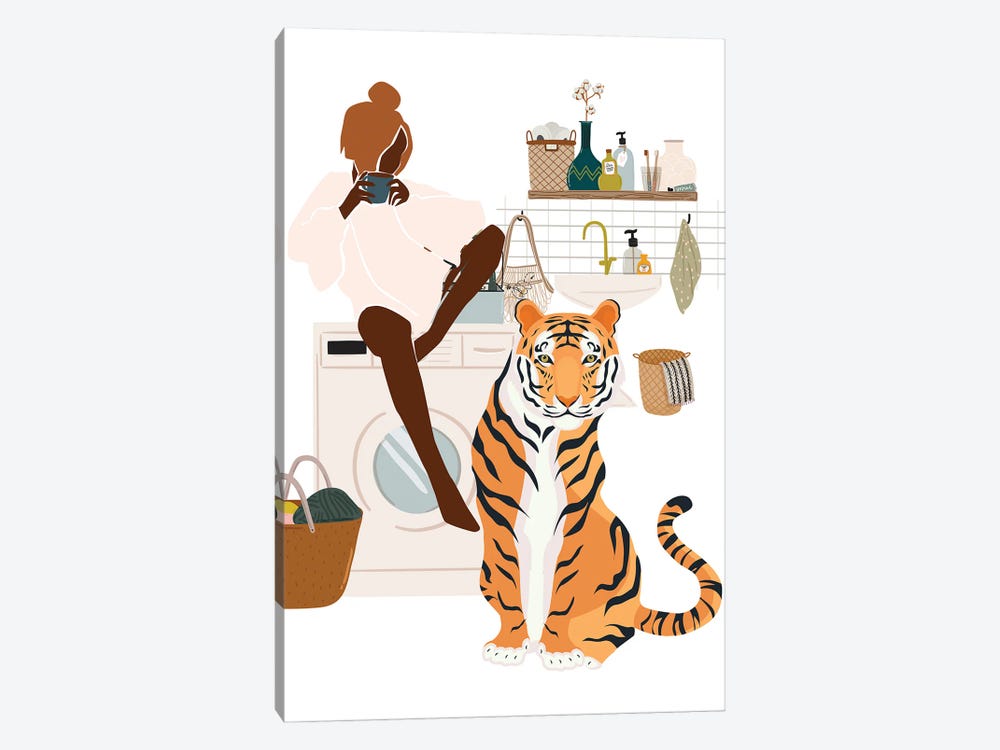 Tiger In Laundry Room by Jania Sharipzhanova 1-piece Canvas Artwork