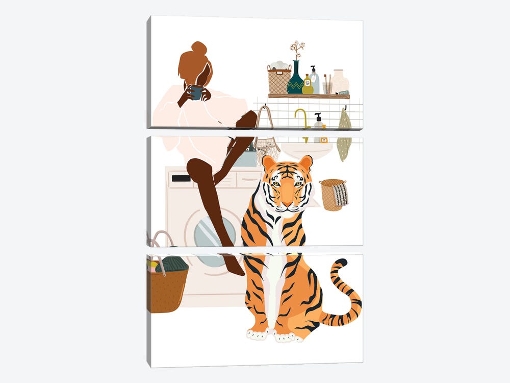Tiger In Laundry Room by Jania Sharipzhanova 3-piece Canvas Artwork