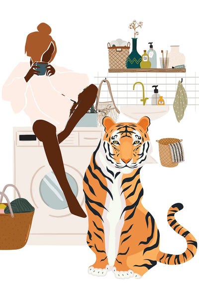 Jania Sharipzhanova: Tiger In Laundry Room by Jania Sharipzhanova
