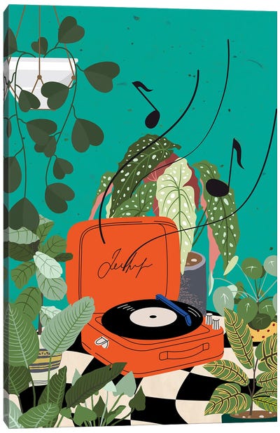 Botanical Vinyl Record Player Canvas Art Print - Jania Sharipzhanova