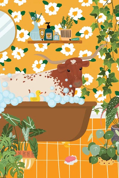 Jania Sharipzhanova: Texas Longhorn Bathing by Jania Sharipzhanova
