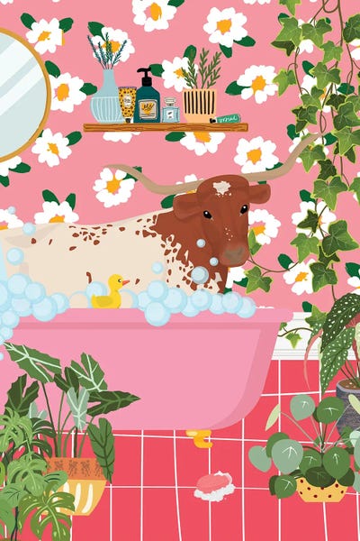 Jania Sharipzhanova: Texas Longhorn Taking A Bath by Jania Sharipzhanova