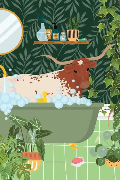 Jania Sharipzhanova: Texas Longhorn In Bathtub by Jania Sharipzhanova