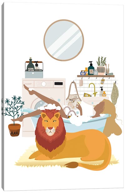 Urban Jungles Lion In The Bathroom Canvas Art Print - Jania Sharipzhanova