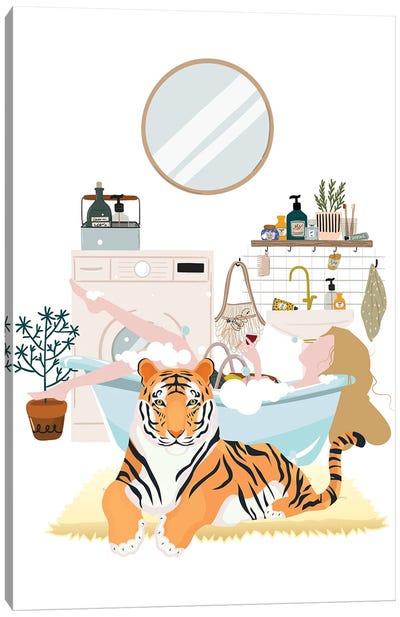 Urban Jungles Tiger In The Bathroom Canvas Art Print - Self-Care Art