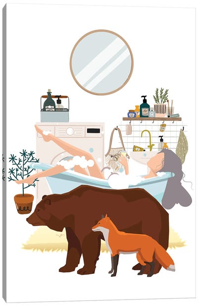 Urban Jungles Forest Animals In The Bathroom Canvas Art Print - Brown Bear Art