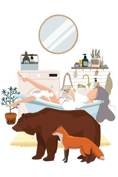 Jania Sharipzhanova: Urban Jungles Forest Animals In The Bathroom by Jania Sharipzhanova