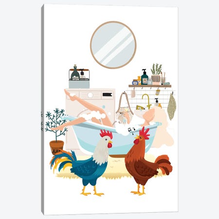 Urban Jungles Roosters In The Bathroom Canvas Print #SHZ76} by Jania Sharipzhanova Canvas Art