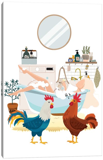 Urban Jungles Roosters In The Bathroom Canvas Art Print - Self-Care Art