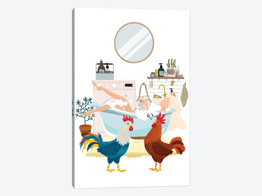 Urban Jungles Roosters In The Bathroom by Jania Sharipzhanova 1-piece Art Print