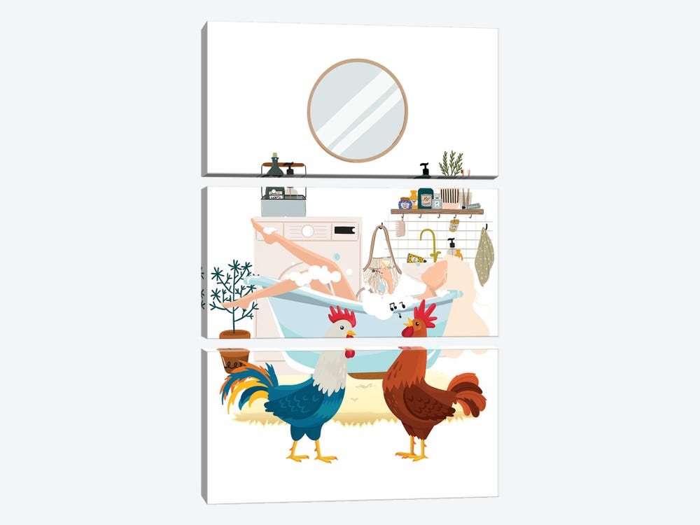 Urban Jungles Roosters In The Bathroom by Jania Sharipzhanova 3-piece Art Print