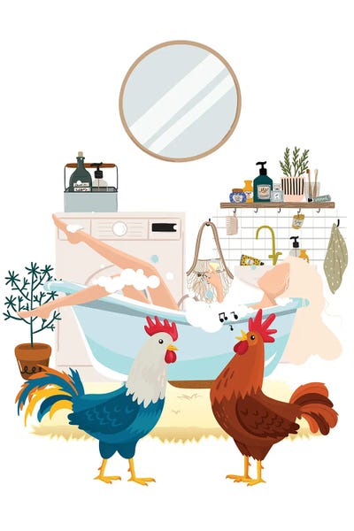Jania Sharipzhanova: Urban Jungles Roosters In The Bathroom by Jania Sharipzhanova