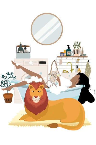 Jania Sharipzhanova: Lion In Bathroom Urban Jungles Series by Jania Sharipzhanova