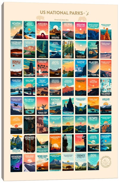 63 US National Park Poster Canvas Art Print - National Parks Travel Posters