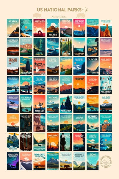 Large Modern Art - Canvas Prints: 63 US National Park Poster by Studio Inception