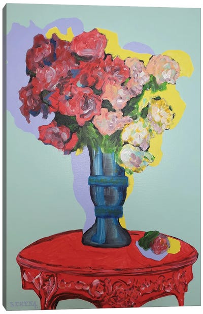 Flower Vase On Red Table Canvas Art Print - Preppy Pop Art