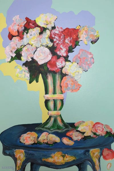 Flower Vase On Blue Table by Serena Singh framed wall art