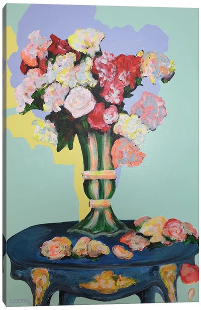 Flower Vase On Blue Table Canvas Art Print - Serena Singh
