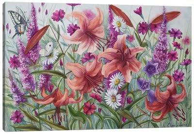 Lilies In Garden Canvas Art Print - Elena Shichko