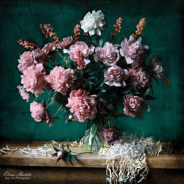 Peonies: Peonies On Green Background by Elena Shichko