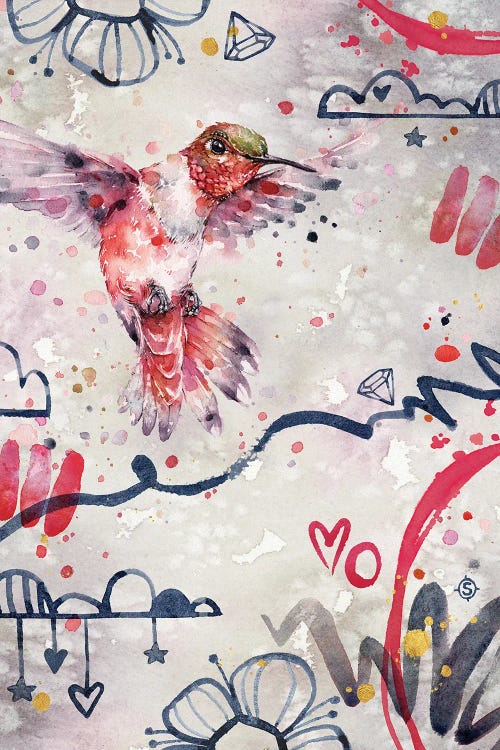 Abstract Red - Hummingbird by Sillier Than Sally wall art